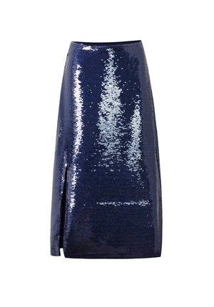 Marineblauwe paillettenrok met een zijsplit, met een glanzend gestructureerd oppervlak en een aansluitend ontwerp. De stof heeft een reflecterende kwaliteit.