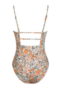 Eénstuk zwempak met bloemenprint, uitgerust met oranje en turquoise bloemen op een crèmewitte achtergrond, met smalle verstelbare bandjes en een open rugdesign.