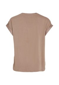 Beige kortærmet skjorte med opkørte manchetter, rund halsudskæring og løs pasform, vist bagfra på en hvid baggrund.