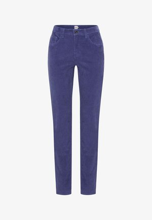 Pantaloni in velluto a coste viola con vestibilità slim, dotati di due tasche frontali, chiusura con bottone e una superficie liscia.