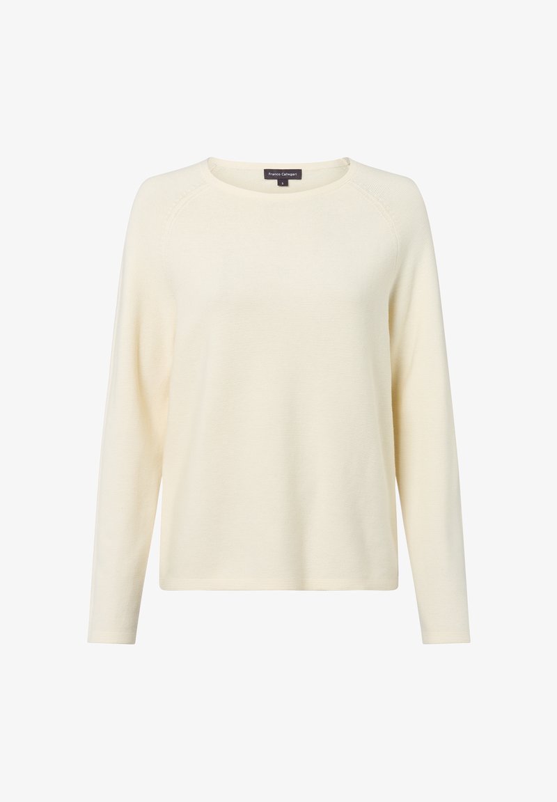 Pull en tricot crème avec des manches longues, un col rond et une texture subtile. Étiquette visible à l'intérieur du col, portant le nom Franco Callegari.