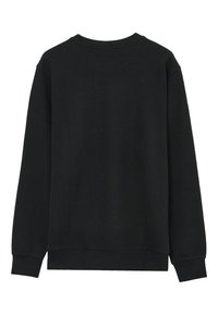 Felpa nera in maglia waffle con scollatura a girocollo, polsini e orlo a costine. Il retro è semplice, senza ulteriori fantasie o dettagli.