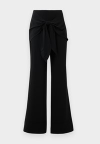 Black wide-leg pants with a waist tie detail. Made from soft fabric, featuring a smooth texture and clean lines. Hem slightly flared.
