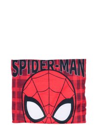 T-shirt rossa in cotone con grafica di Spider-Man, con grandi occhi bianchi e motivo a ragnatela nero, completata da testo nero "SPIDER-MAN" sopra.