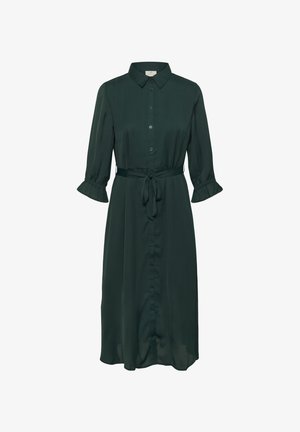 Temno zelena obleka z gumbi, s ovratnikom, rokavi do tri četrtine in nabranimi manšetami. Ima kravato v pasu in gladko teksturo tkanine.