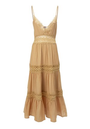 Maxi-jurk in beige stof met kanten accenten, spaghetti bandjes, een V-hals en een gelaagde rok met decoratieve borduursels.