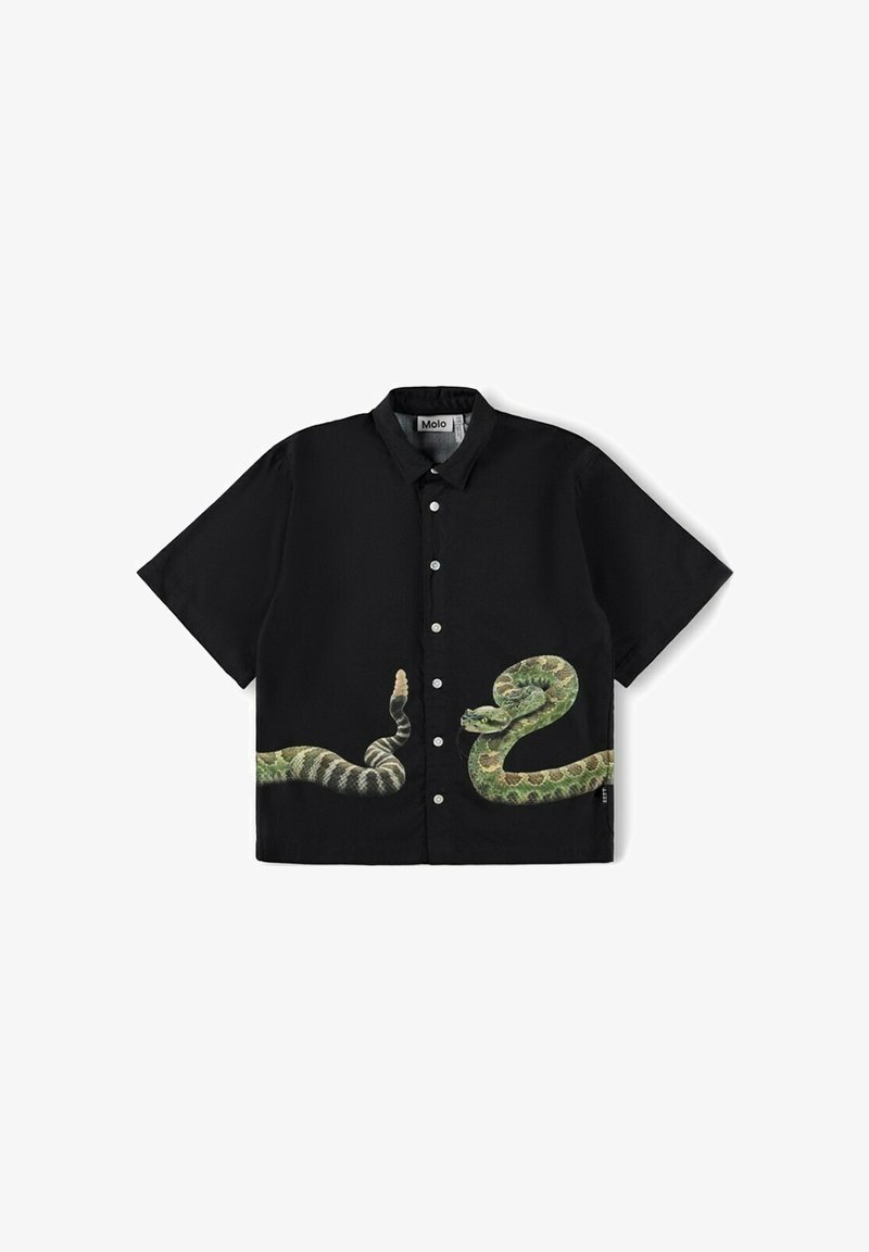 Chemise noire à manches courtes avec des motifs réalistes de serpent vert et rayé sur le devant, comportant six boutons blancs et un col.