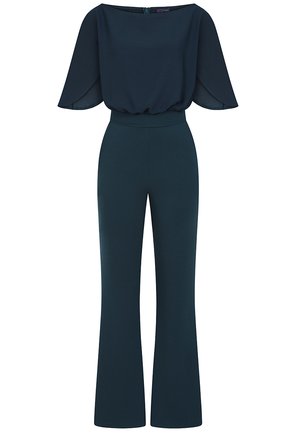 Jumpsuit blu navy con top fluido a spalle scoperte e pantaloni a gamba larga. Realizzato in tessuto leggero con una superficie liscia. Dettaglio con zip sul retro.