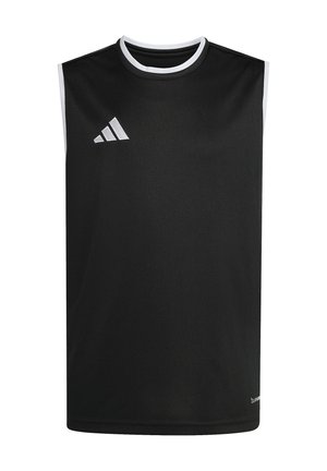 Maillot de sport noir sans manches avec bord blanc autour du col et des emmanchures, avec un petit logo Adidas blanc sur la poitrine.