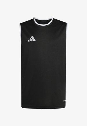 Zwart mouwloos sportshirt met witte rand rond de hals en armsgaten, met een klein wit Adidas-logo op de borst.