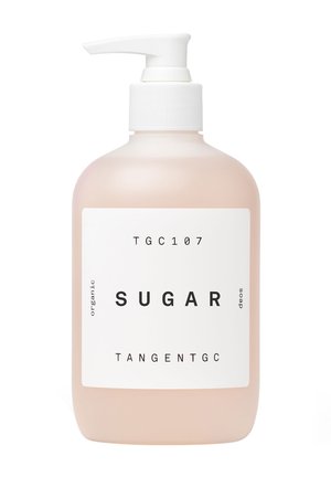 Flacone opaco rosa chiaro con pompa, etichettato "Sugar", sapone biologico di TangentGC su sfondo bianco.