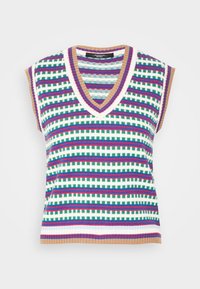 Haut sans manches en tricot avec un col en V, des rayures multicolores vertes, violettes et blanches, et des accents côtelés marron au niveau du col et de l'ourlet.
