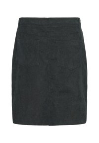Jupe mini en denim noir avec une texture douce, dotée d'une taille mi-haute et de deux poches arrière. Coupe droite sans détails supplémentaires.