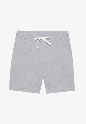 Pelēkas kokvilnas šortos ar elastīgu jostu un baltu auklu. Iekļauj sānu kabatas un mīkstu, gludu tekstūru.