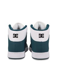 High-top sneakers with a teal upper, white padded collar, and white sole. Features black logo detail on the heel and smooth texture.