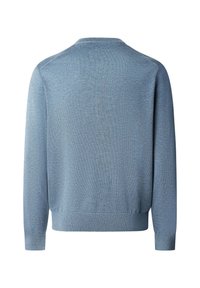 Blauw gebreide trui met een ronde hals en lange mouwen, voorzien van een geribde zoom en manchetten, een gladde textuur en subtiele melange.