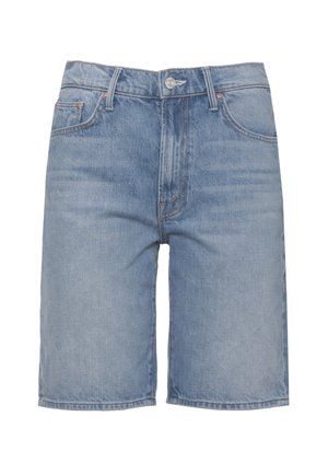 Pantaloncini in denim azzurro chiaro con bottone frontale, design a cinque tasche e taglio all'altezza del ginocchio.