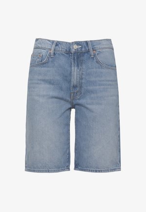 Pantaloncini in denim azzurro chiaro con bottone frontale, design a cinque tasche e taglio all'altezza del ginocchio.