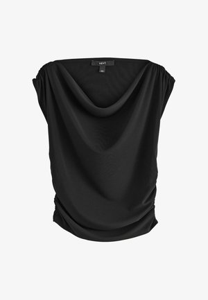 Zwart gedrapeerd top met een brede ronde hals en korte mouwen, gemaakt van een gladde, lichte stof met geplooide details aan de zijkanten.