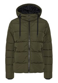 Olivgrön pufferjacka med avtagbar huva, frontdragkedja, svarta detaljer och horisontellt kviltad design.