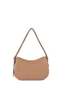 Sac à bandoulière en cuir couleur miel, de forme incurvée, avec fermeture éclair et une seule sangle réglable. Présente un logo discrètement embossé à l'avant.