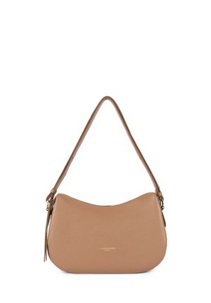 Sac à bandoulière en cuir couleur miel, de forme incurvée, avec fermeture éclair et une seule sangle réglable. Présente un logo discrètement embossé à l'avant.