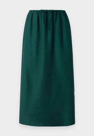 Mørkegrønn, knelengde skjørt laget av et glat stoff med elastisk midjebånd og snøring for justerbar passform. Enkelt og uprydelig design.