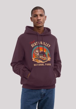 Maroon hoodie featuring a graphic print of a skeleton on a lounge chair with desert elements and "Visit Death Valley National Park" text.