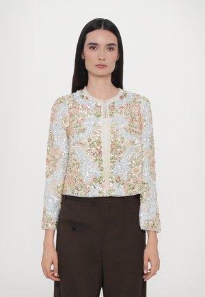 Gekürzte Paillettenjacke mit floralen Mustern in Pastellfarben, mit langen Ärmeln und rundem Halsausschnitt, Knopfverschluss an der Vorderseite.