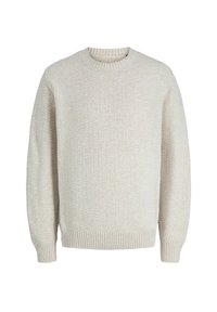 Pull en tricot beige clair avec un motif texturé, col rond et poignets et ourlet côtelés. Coupe décontractée avec des manches longues.