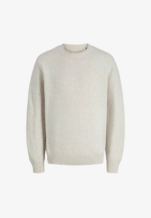 Pull en tricot beige clair avec un motif texturé, col rond et poignets et ourlet côtelés. Coupe décontractée avec des manches longues.