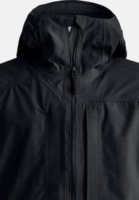 Black waterproof jacket featuring a high collar, full zip closure, and smooth texture with a structured design and minimal detailing.