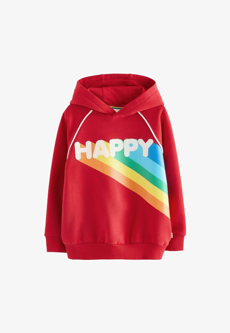 Sarkans kapucis džemperis ar baltu tekstu "HAPPY" un krāsainu varavīksnes svītru dizainu. Izgatavots no mīksta materiāla, tam ir ribota piedurknes un apakšmala.