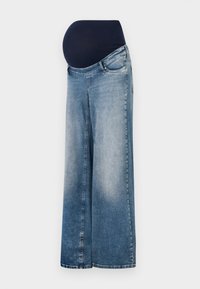 Denim maternity jeans with wide legs, light blue wash, and a stretchy dark blue waist panel. Features a classic five-pocket design.