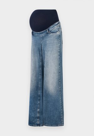 Gravidjeans i denim med vida ben, ljusblå tvätt och en elastisk midjeband i mörkblått. Har en klassisk femfickdesign.