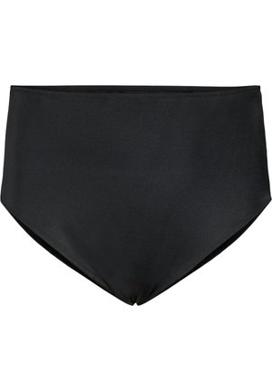 Bikini bottom nero a vita alta con una texture liscia, caratterizzato da un design semplice e senza motivi o accessori visibili.