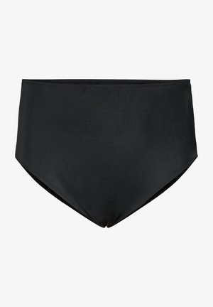 Bas de bikini noir taille haute avec une texture lisse, présentant un design simple sans motifs ni éléments métalliques visibles.