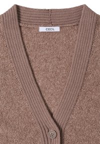 Brauner Cardigan-Pullover mit strukturiertem Strick, geribbtem Kragen, tiefem V-Ausschnitt und einem einzigen Knopfverschluss. Mit dem Markenlabel "CECI".