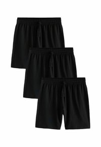 Schwarze Shorts mit einem elastischen Bund und verstellbarem Kordelzug, glatter Textur und lockerer Passform, präsentiert in einem Set von drei.