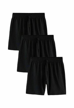 Black shorts featuring an elastic waistband with adjustable drawstring, smooth texture, and a loose-fitting design, shown in a set of three.