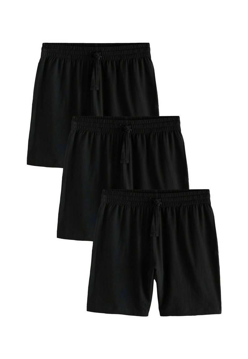 Schwarze Shorts mit einem elastischen Bund und verstellbarem Kordelzug, glatter Textur und lockerer Passform, präsentiert in einem Set von drei.