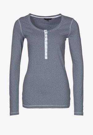 Long-sleeve navy and white striped top with a rounded neckline and a central button placket featuring six buttons. Smooth fabric texture.