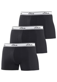 Black men's boxer briefs in a pack of three with white s.Oliver logo waistband. Smooth fabric, fitted design, mid-thigh length.