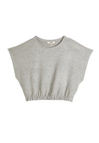 Top grigio corto realizzato in morbido tessuto, con maniche corte e larghe e un orlo elastico arricciato per una vestibilità rilassata.