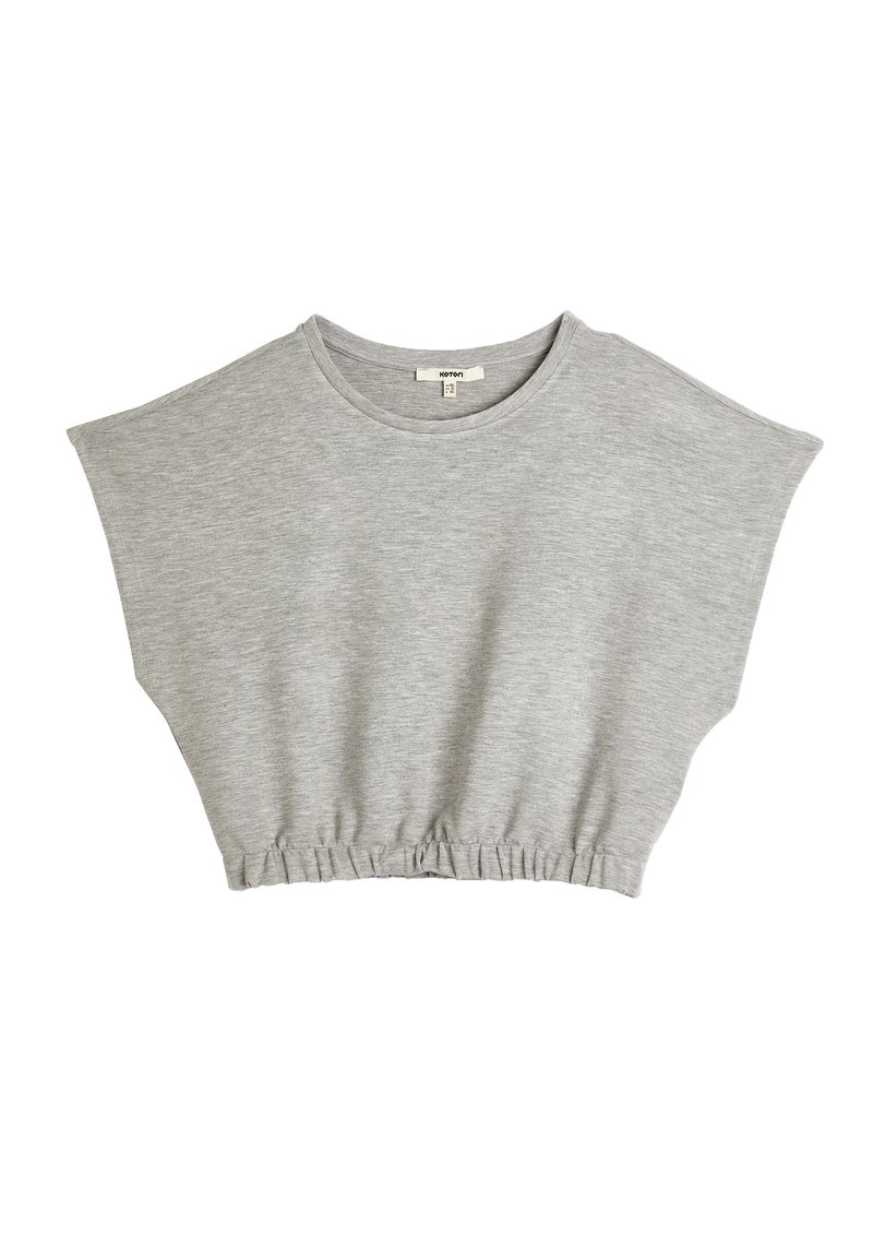 Top grigio corto realizzato in morbido tessuto, con maniche corte e larghe e un orlo elastico arricciato per una vestibilità rilassata.