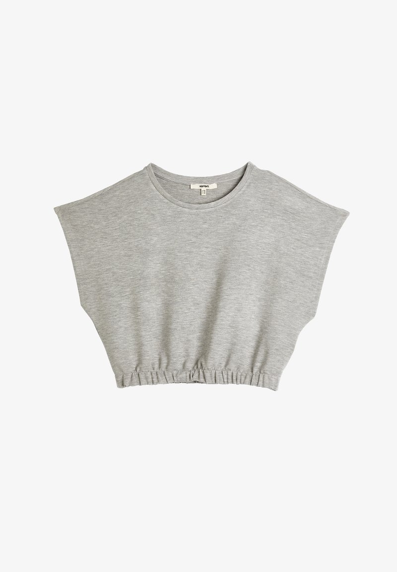 Graues, kurzes Top aus weichem Stoff mit kurzen, weiten Ärmeln und einem gerafften, elastischen Saum für eine lässige Passform.