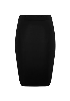 Schwarzer knielanger Bleistiftrock mit tailliertem Bund und glattem, schlichten Stoff.
