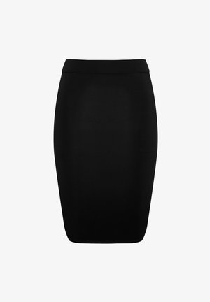 Jupe crayon noire longueur genou avec taille ajustée et tissu lisse uni.