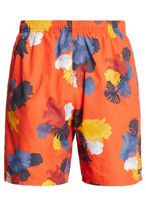 Helle orange Shorts mit elastischem Bund und mehrfarbigen blauen, gelben, weißen, schwarzen und roten tropischen Blattmustern.