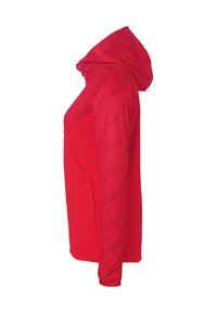 Red hooded jacket with a textured design, featuring long sleeves and side pockets. The material appears smooth and lightweight.